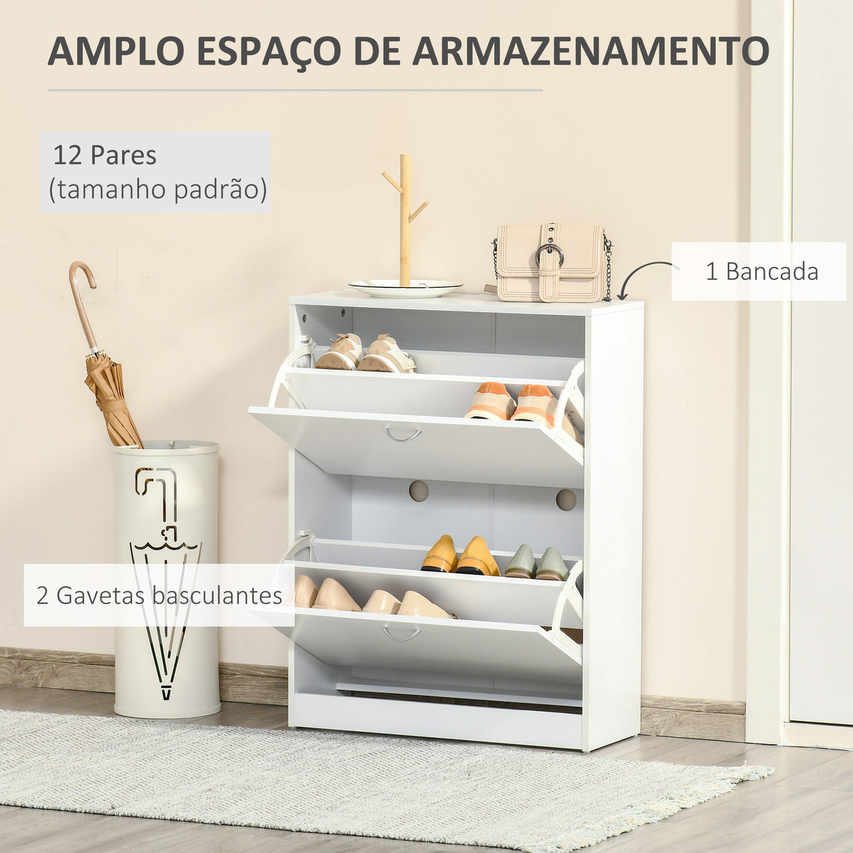 Sapateira de Madeira Armário para Sapatos com 2 Compartimentos para Entrada Corredor Dormitório Sala de Estar 60x24x80 cm Branco — foto 4