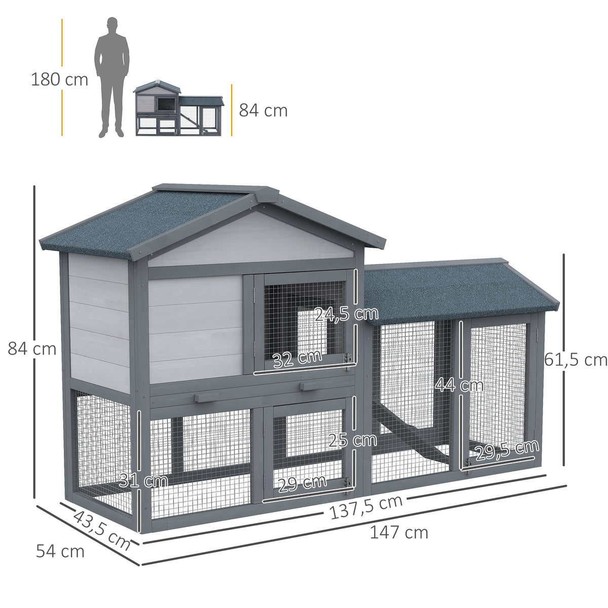 Casa para Coelhos de Madeira Coelheira para Exterior com Bandeja Removível 147x54x84cm Cinza — foto 3