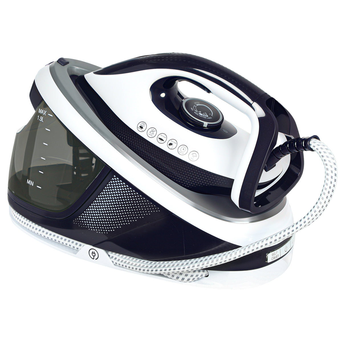 Ferro com Caldeira 2600W 100 g/min 8 Bares Função ECO Base de Cerâmica Engomagem Vertical Potente Desligamento Automático Sistema Anticalcário Autolimpeza Depósito Removível 1,5 L 37x19,8x24 cm Azul — foto 1
