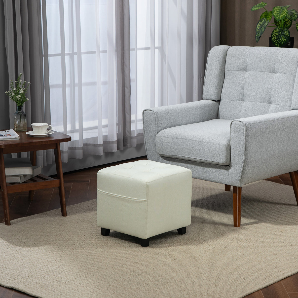 Apoio para os Pés Sala de Estar Banco Estofado em Linho com Bolso Lateral Tampa com Botões Acolchoados e Estrutura de Madeira para Sala de Estar Dormitório 35x35x35 cm Creme — foto 2