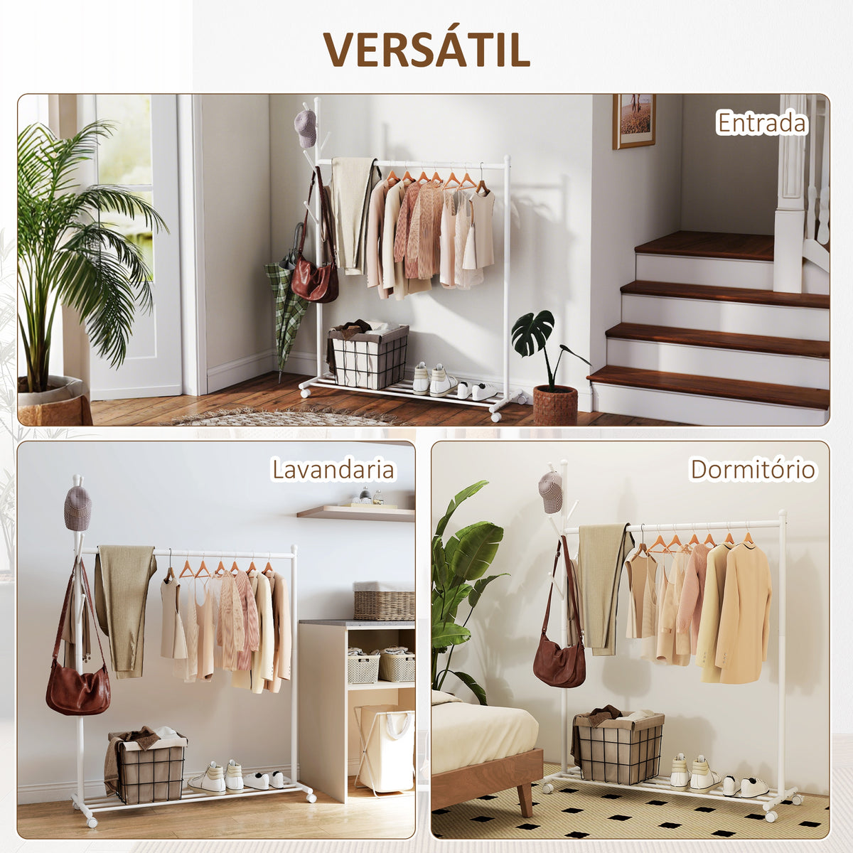 Charriot com Rodas Charriot com 5 Ganchos Barra para Pendurar e Prateleira Inferior Charriot para Dormitório Lavandaria 120x43x171 cm Branco — foto 6