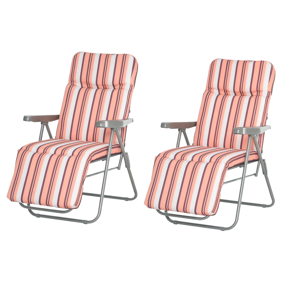 Conjunto de 2 Espreguiçadeiras Dobráveis de Jardim com Almofada Acolchoada, Encosto Ajustável em 5 Posições, Apoio para os Pés e Estrutura de Aço, 60x75x65-102 cm, Listas Laranja — foto 1