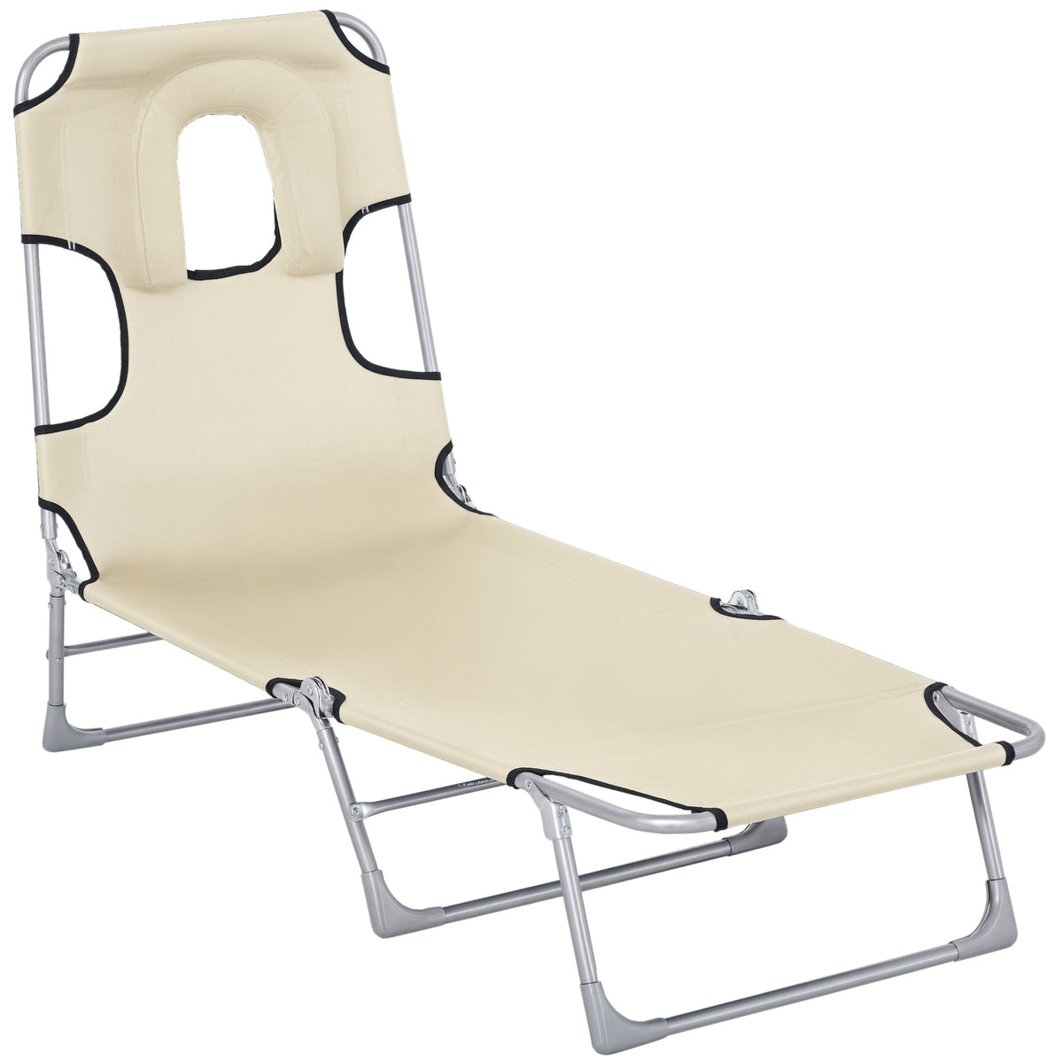 Espreguiçadeira de Jardim Reclinável e Dobrável com Orifício de Leitura Apoio para Cabeça e Encosto Ajustável em 4 Níveis para Praia 182x56x24,5 cm Bege — foto 1