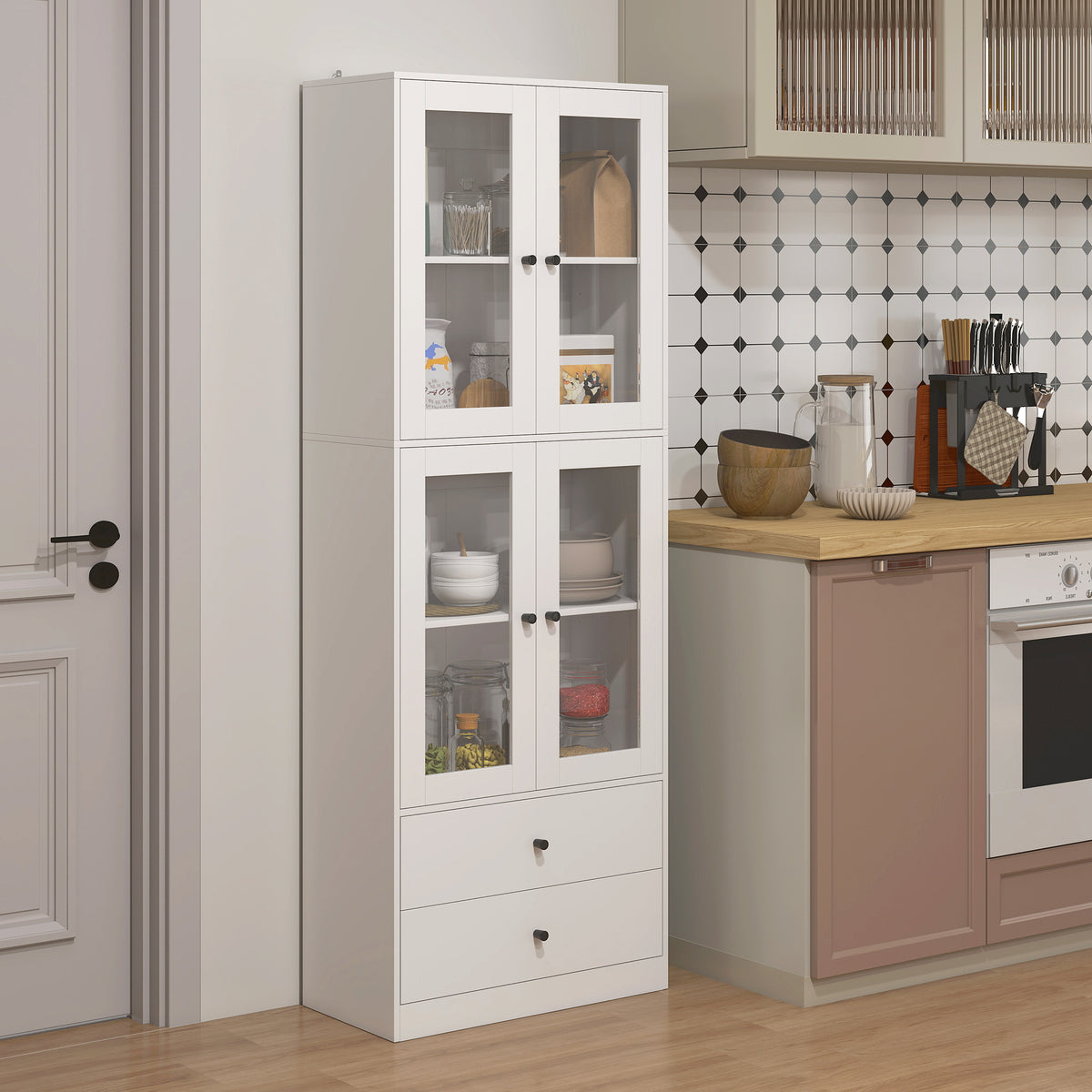 Armário de Cozinha Alto Móvel Auxiliar de Cozinha com 4 Portas de Vidro 2 Gavetas Prateleiras Ajustáveis 59x30x170 cm, Branco — foto 2