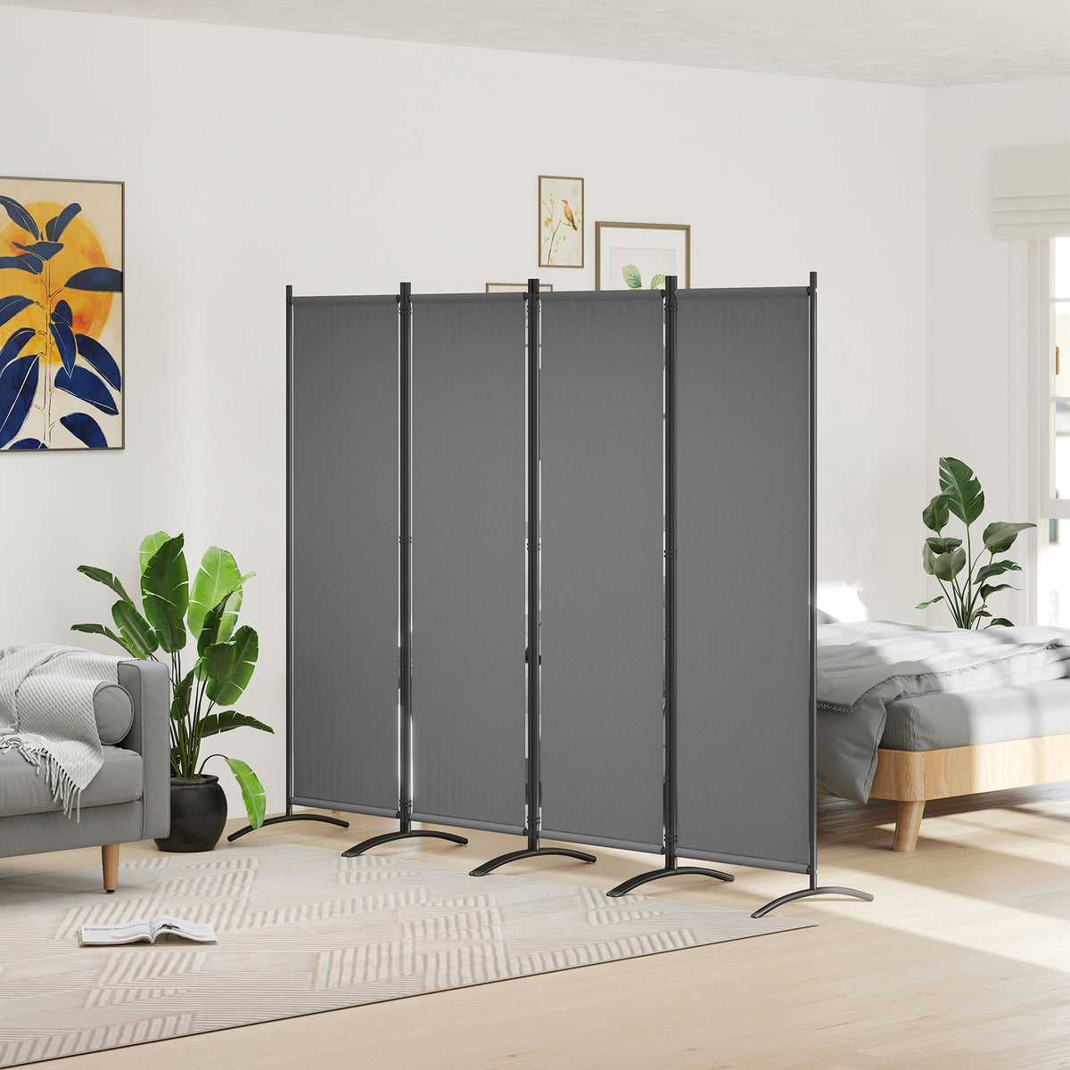 Biombo Separador de Ambientes de 4 Painéis Biombo Dobrável 221x172 cm com Pés Largos Biombo Exterior para Terraço Pátio Jardim Cinza Escuro — foto 2