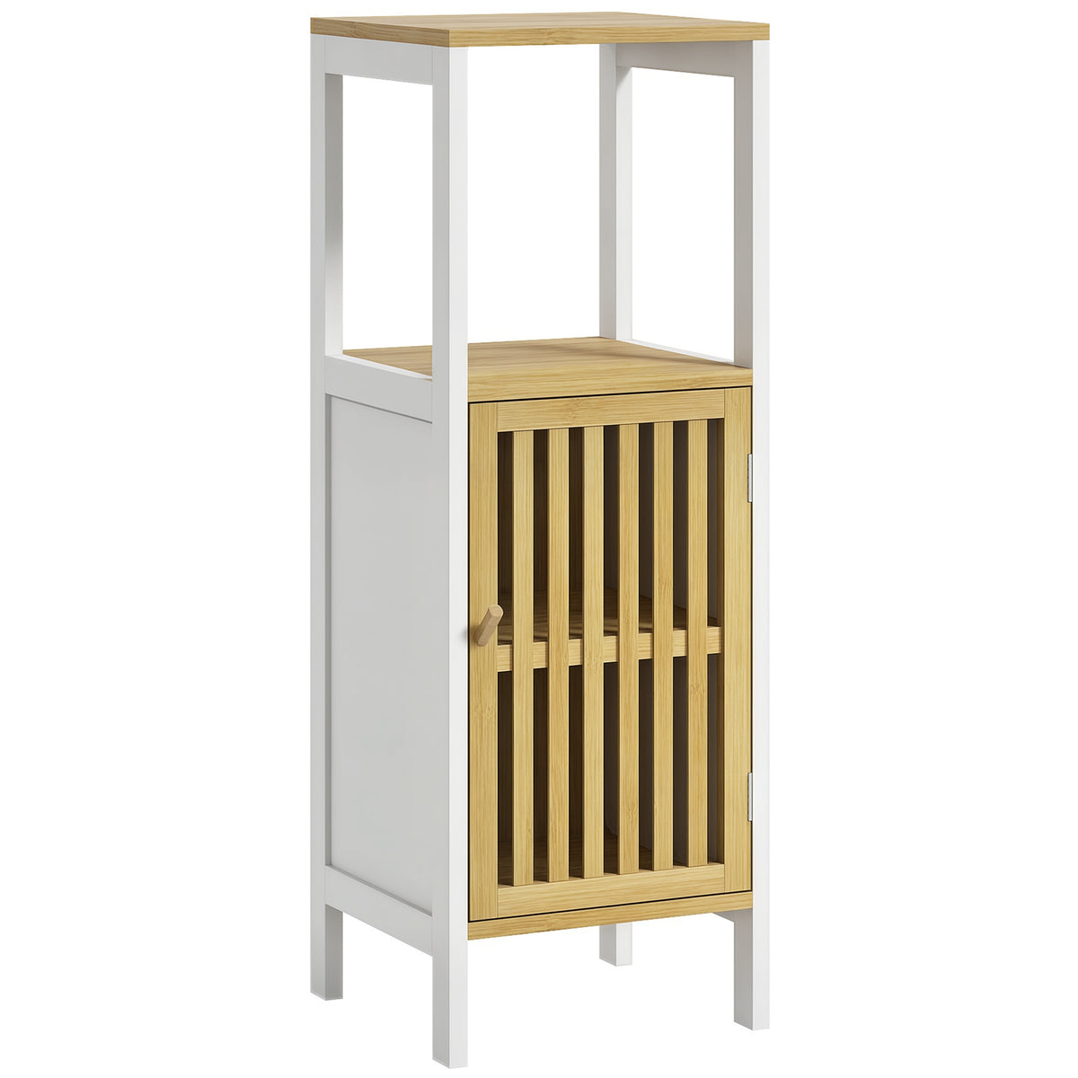 Armário Casa de Banho Móvel Auxiliar de Casa de Banho com 1 Prateleira Aberta 1 Porta e 1 Prateleira Ajustável 32x30x90,5 cm Natural e Branco — foto 1