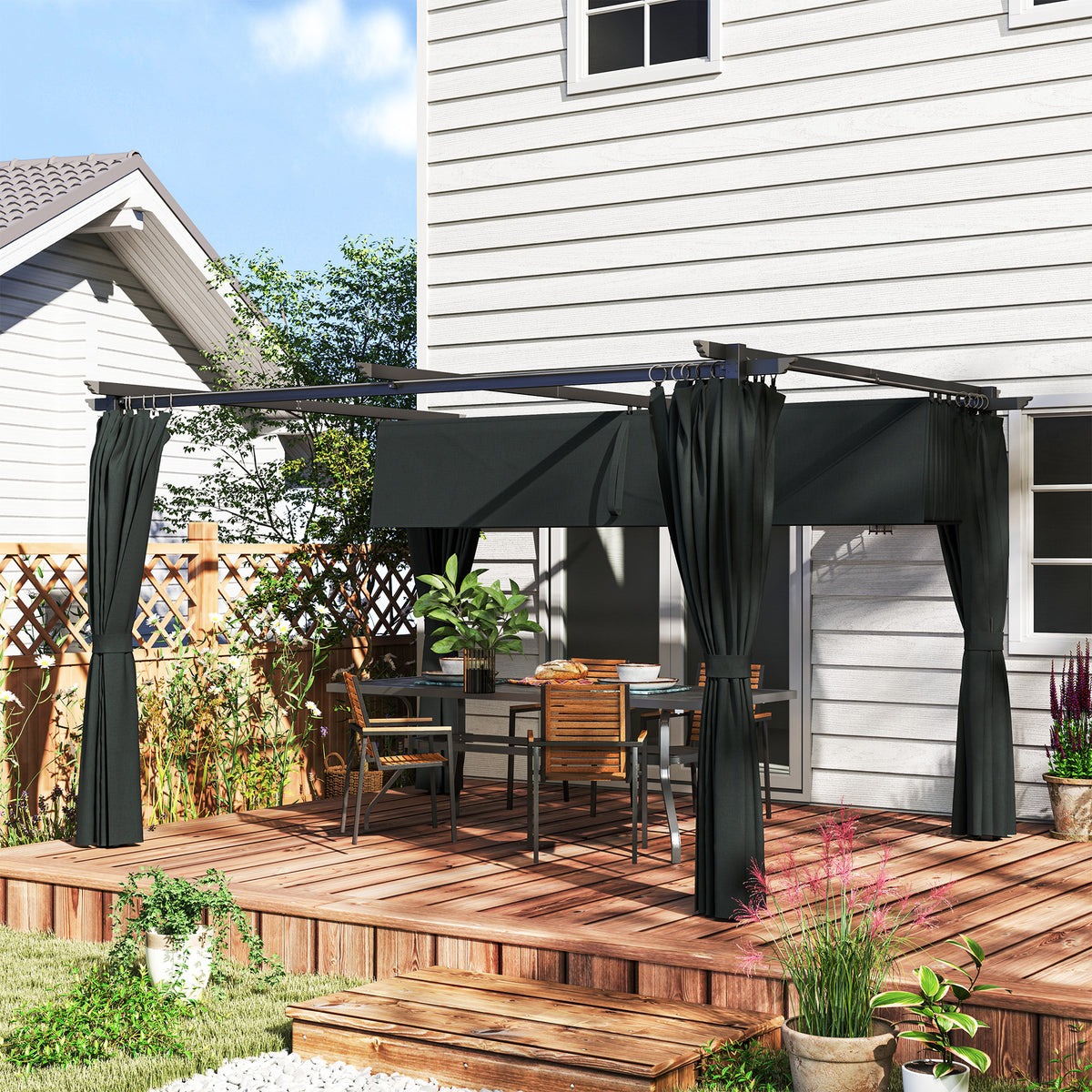 Pérgola com Teto Retrátil 3,9x3x2,2 m Pérgola de Alumínio com Paredes Laterais Tecido de Poliéster Anti UV Resistente a Água Pérgola para Jardim Pátio Cinzento — foto 2