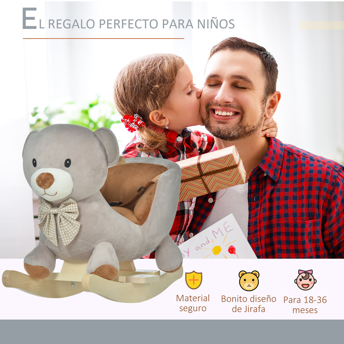 Cavalo de balanço para bebê acima de 18 meses Cavalo Baloiço de pelúcia macio com forma de urso com guiador e apoio de pés 60x33x50 cm Cinza — foto 4