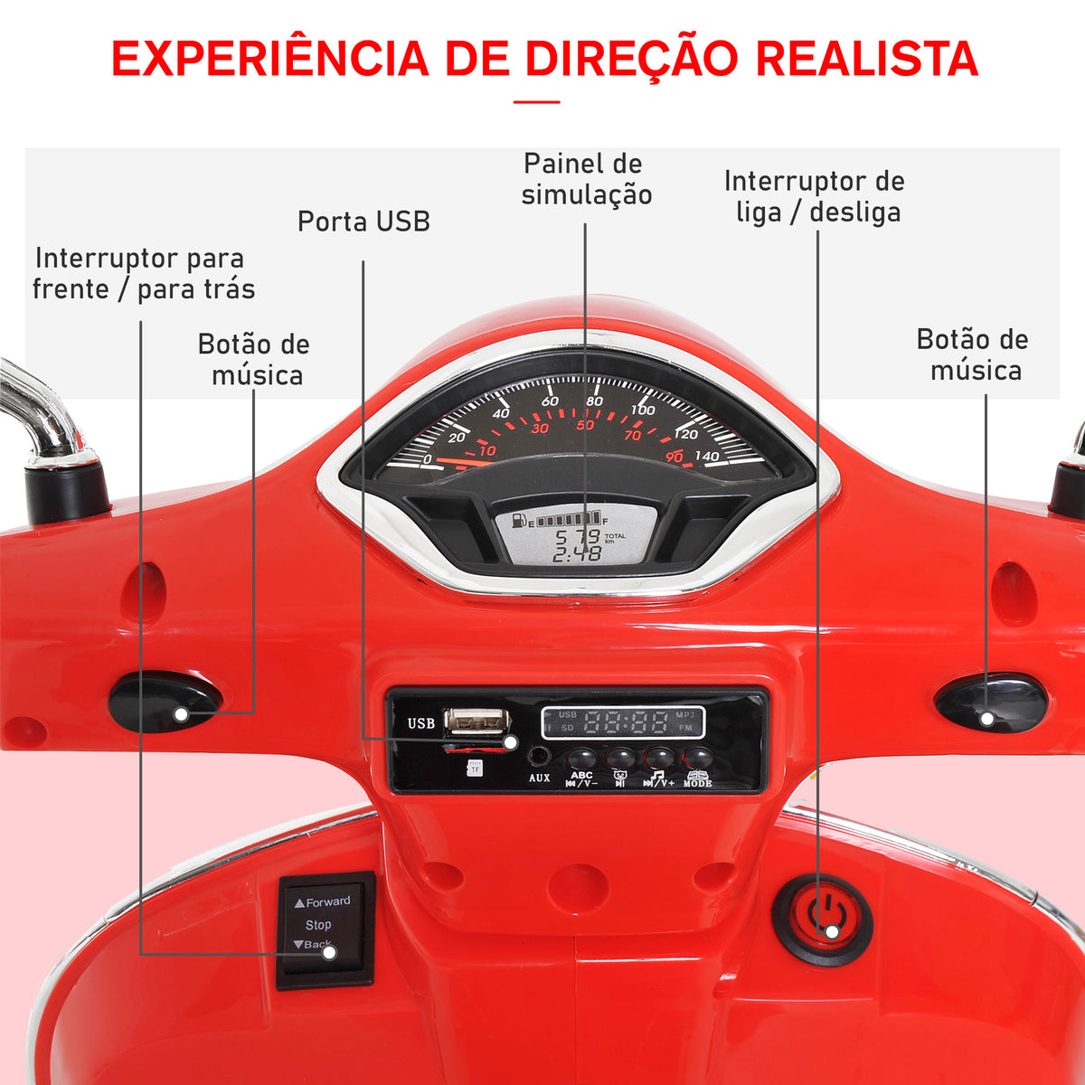 Mota Elétrica para Crianças de 3-6 Anos com Licença Vespa Moto a Bateria para Crianças com Música Velocidade 2-3 km/h e Buzina Carga 30 kg 102x50,5x75,5 cm Vermelha — foto 4