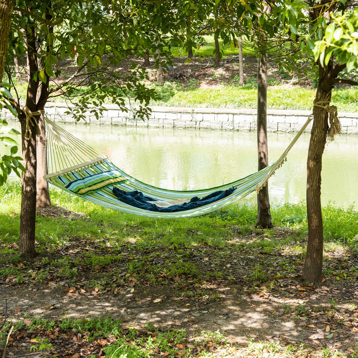 Cama Rede Suspensa de Jardim para 2 Pessoas Cama Rede para Campismo com Almofada Carga Máxima 180 kg 210x140cm Azul e Verde — foto 2