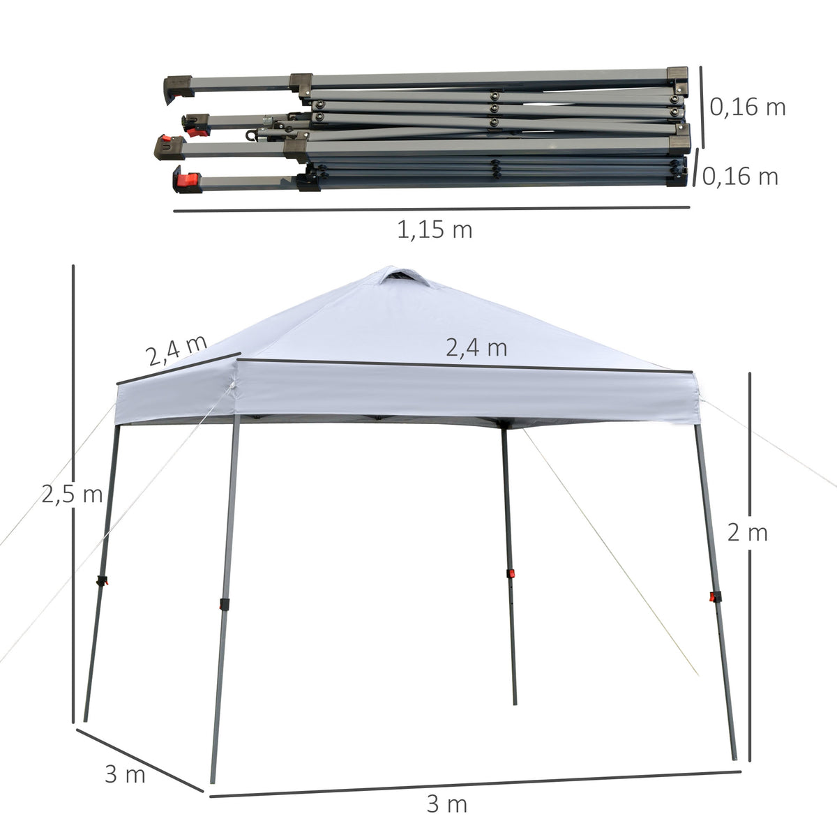 Tenda Dobrável 3x3 Portátil de Jardim com Bolsa de Transporte com Rodas Aço para Exterior Festas Campismo Branco — foto 3