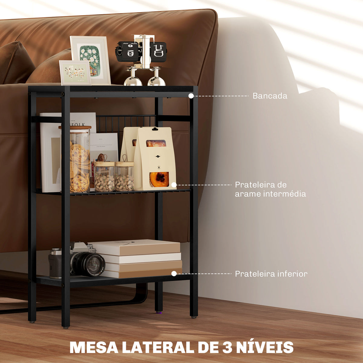 Essenza Mesa Auxiliar Estreita de 3 Níveis Industrial Preto 43x18x62,5 cm — foto 4