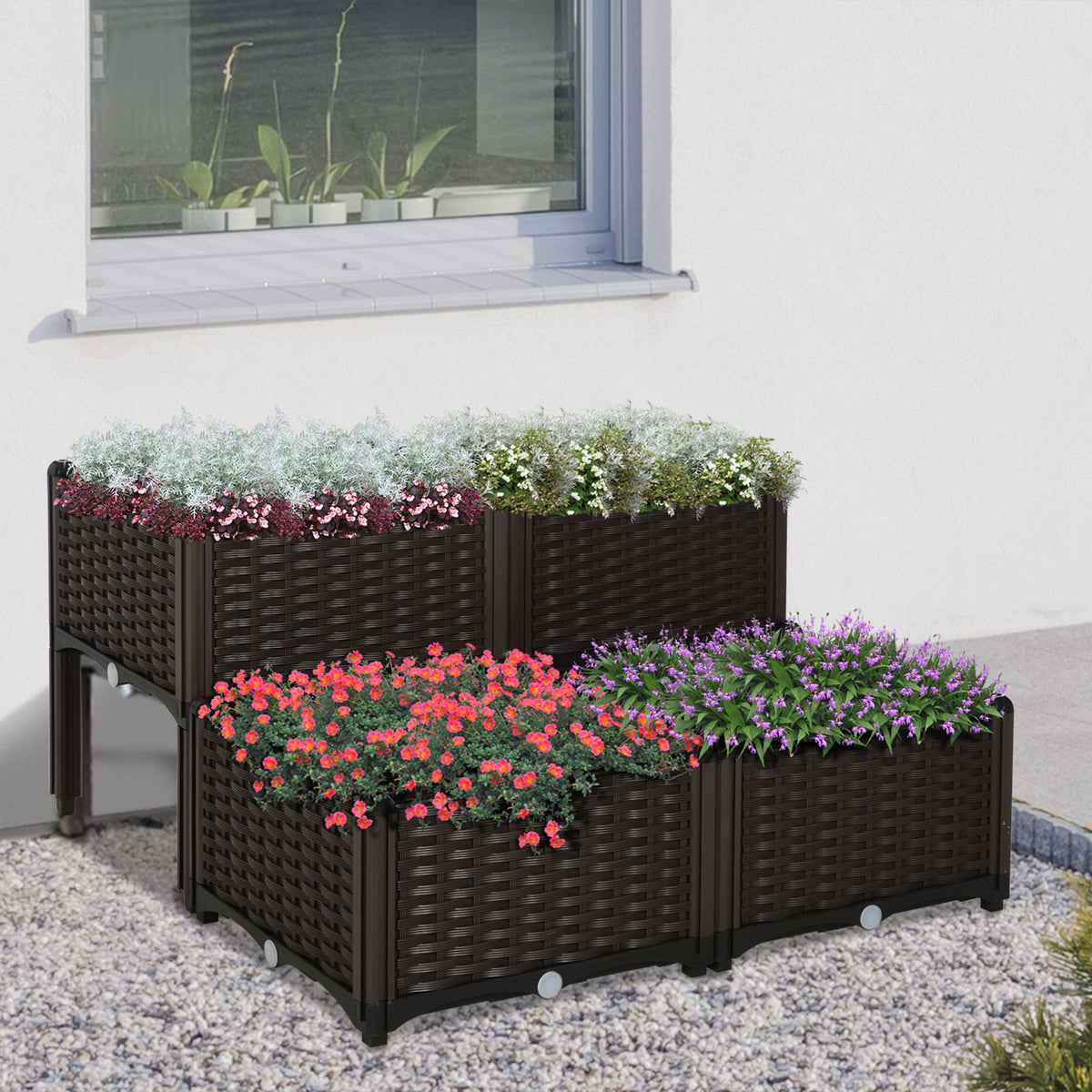 Conjunto de 4 Floreiras Quadradas Floreiras para Flores e Vegetais com Orifícios de Drenagem e Pés Altos 80x40x26-44 cm Marrom — foto 2