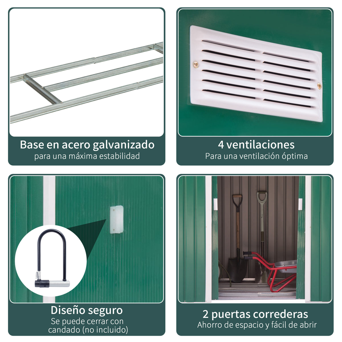 Abrigo de Jardim 213x130x185cm Abrigo de Jardim Metálico de Exterior para Armazenamento de Ferramentas com 2 Portas Deslizantes e 4 Janelas para Terraço Verde — foto 5