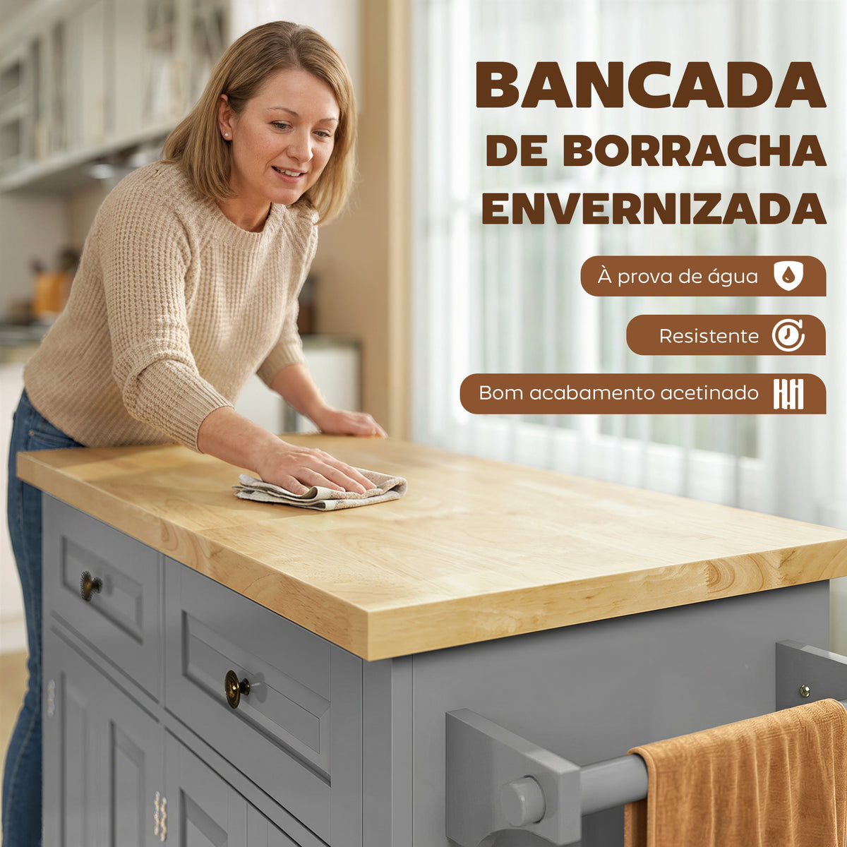 Ilha de Cozinha com Rodas Móvel Auxiliar de Cozinha com 2 Gavetas 4 Portas Suporte para Temperos e Barra Lateral 111x44,5x82,5 cm Cinzento e Madeira — foto 4