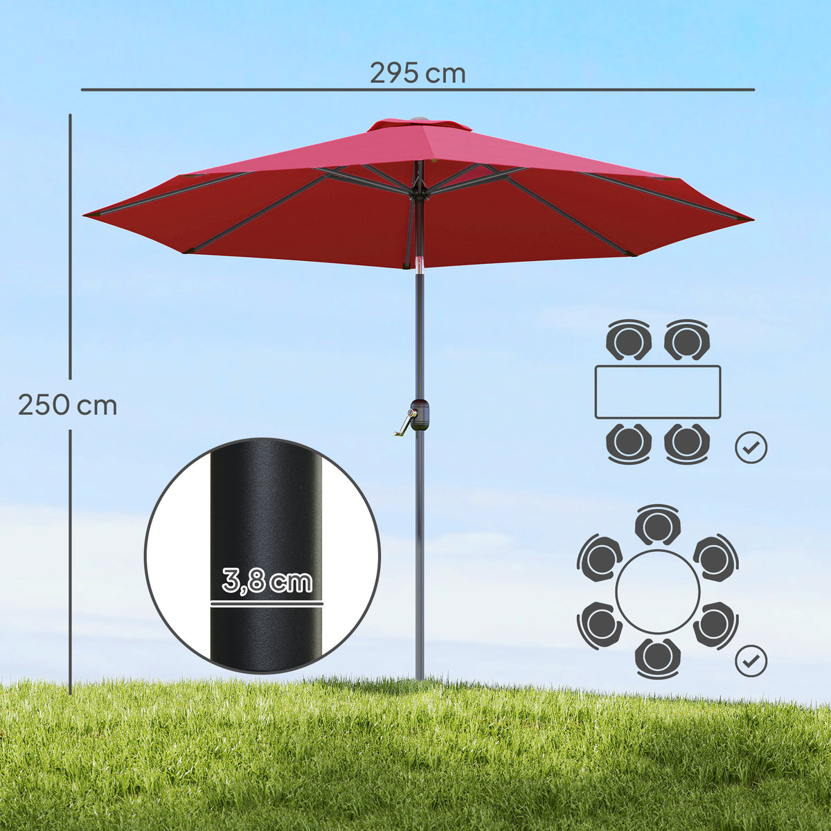 Chapéu de Sol de Jardim Ø295x250cm com Manivela Chapéu de Sol Exterior com Mecanismo de Inclinação e Mastro Desmontável de Metal para Terraço Piscina Pátio Vinho — foto 3