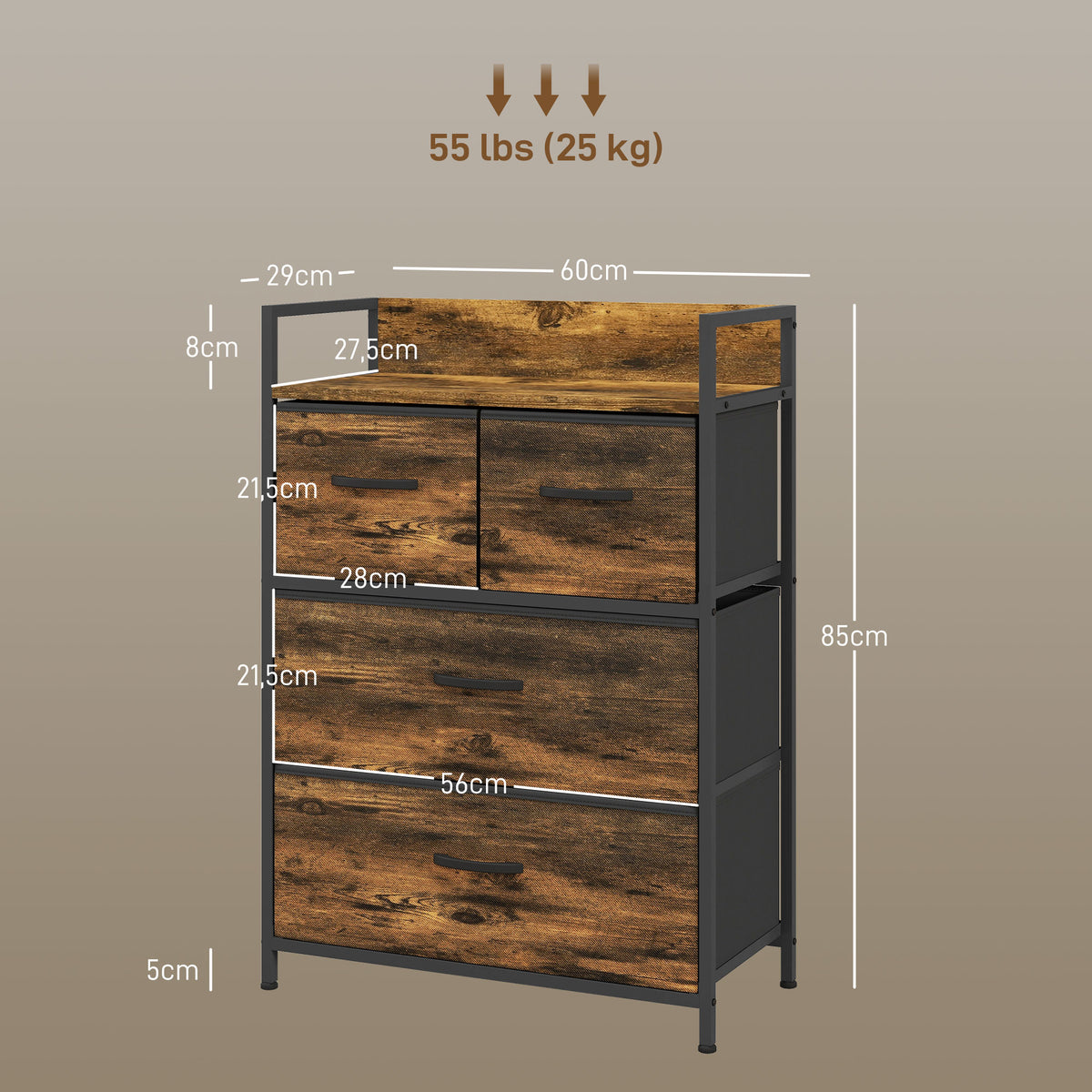 Cómoda de Quarto Armário de Armazenamento com 4 Gavetas Dobráveis Prateleira Aberta e Estrutura de Aço para Sala Entrada 60x29x85 cm Castanho Rústico — foto 3