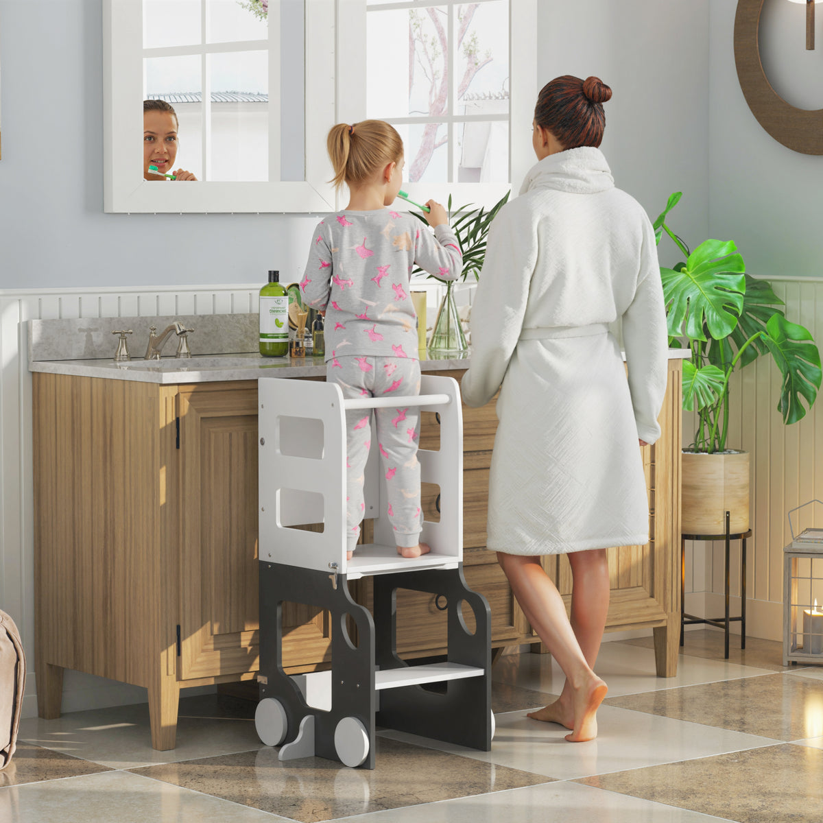 Torre de Aprendizagem 4 em 1 Torre de Aprendizagem para Crianças acima de 3 Anos em Forma de Carro Convertível em Mesa e Cadeira com Ardósia Barreira de Segurança 58x46x92 cm Branco e Cinza — foto 2