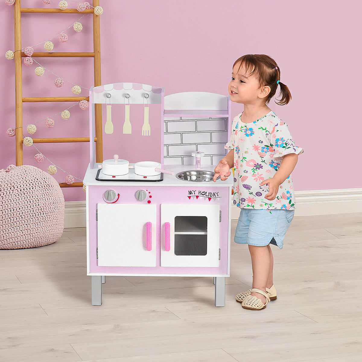 Cozinha de Madeira para Crianças acima de 3 Anos 55x30x80 cm Cozinha Infantil com Função de Som Armário Ganchos e 5 Acessórios Cozinha Infantil Educativa Rosa — foto 2