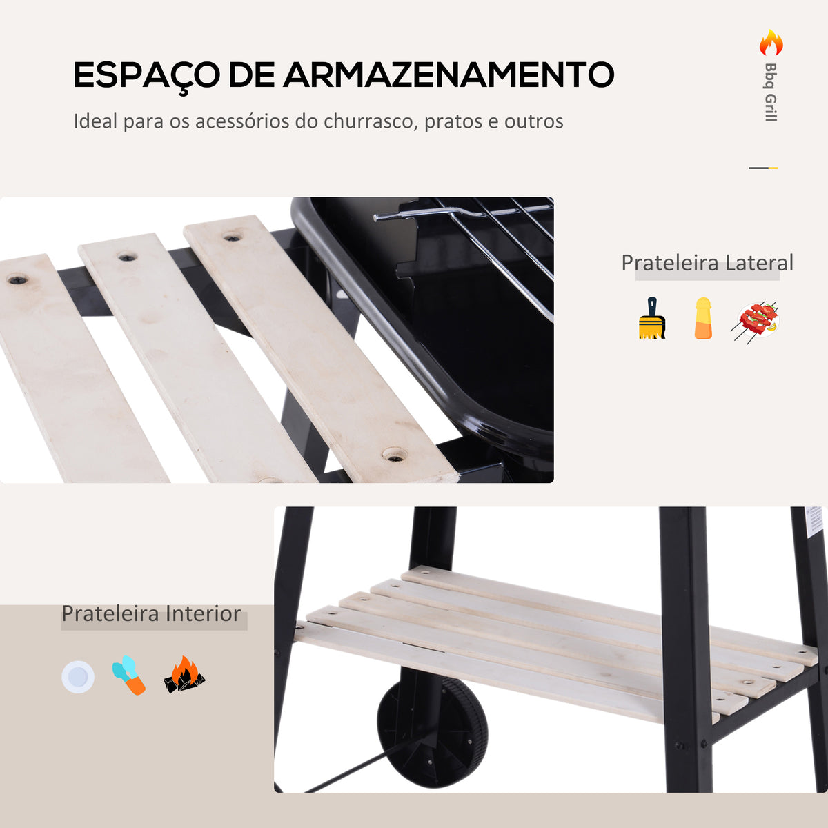 Barbecue a Carvão com Grelha Ajustável em Altura Prateleiras e Rodas para Jardim Exterior Campismo 83x45x87 cm Preto — foto 5