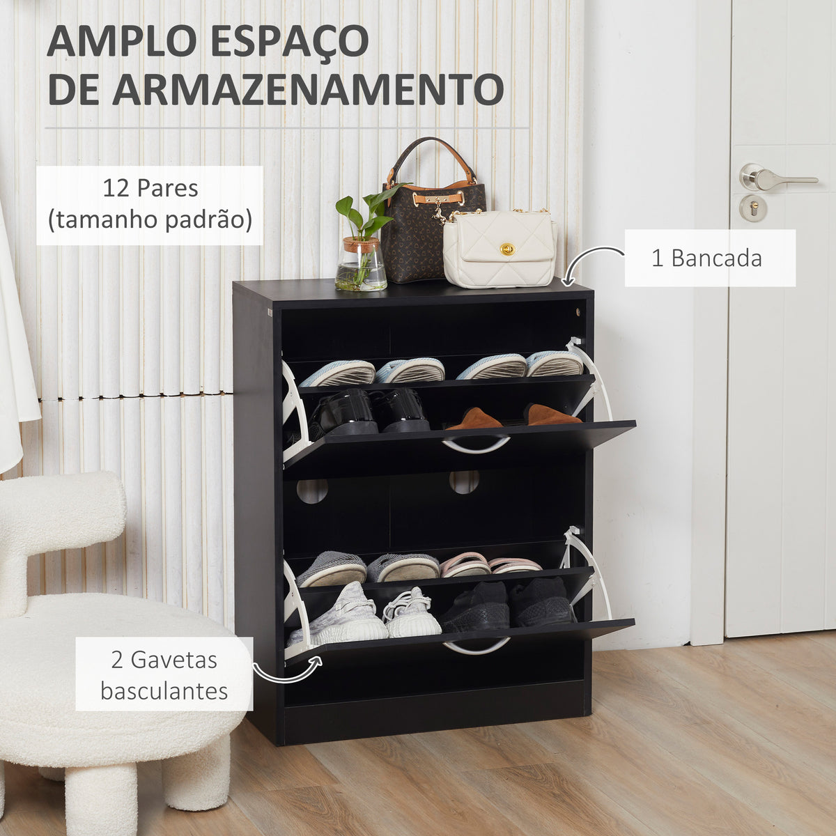 Sapateira de Madeira Armário para Sapatos com 2 Compartimentos para Entrada Corredor Dormitório Sala de Estar 60x24x80 cm Preto — foto 4