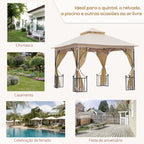 Gazebo de jardim 3x3m com 4 cortinas laterais com zíper e telhado duplo com 8 furos de drenagem bege — foto 7