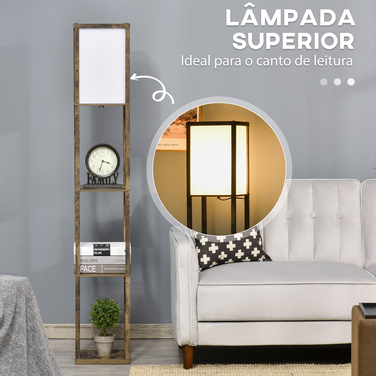 Candeeiro de Pé de Madeira com 3 Prateleiras De Armazenamento para Lâmpada E27 Potência Máx. 40W Candeeiro Moderno para Sala de Estar Dormitório 26x26x160 cm Marrom Rústico — foto 5