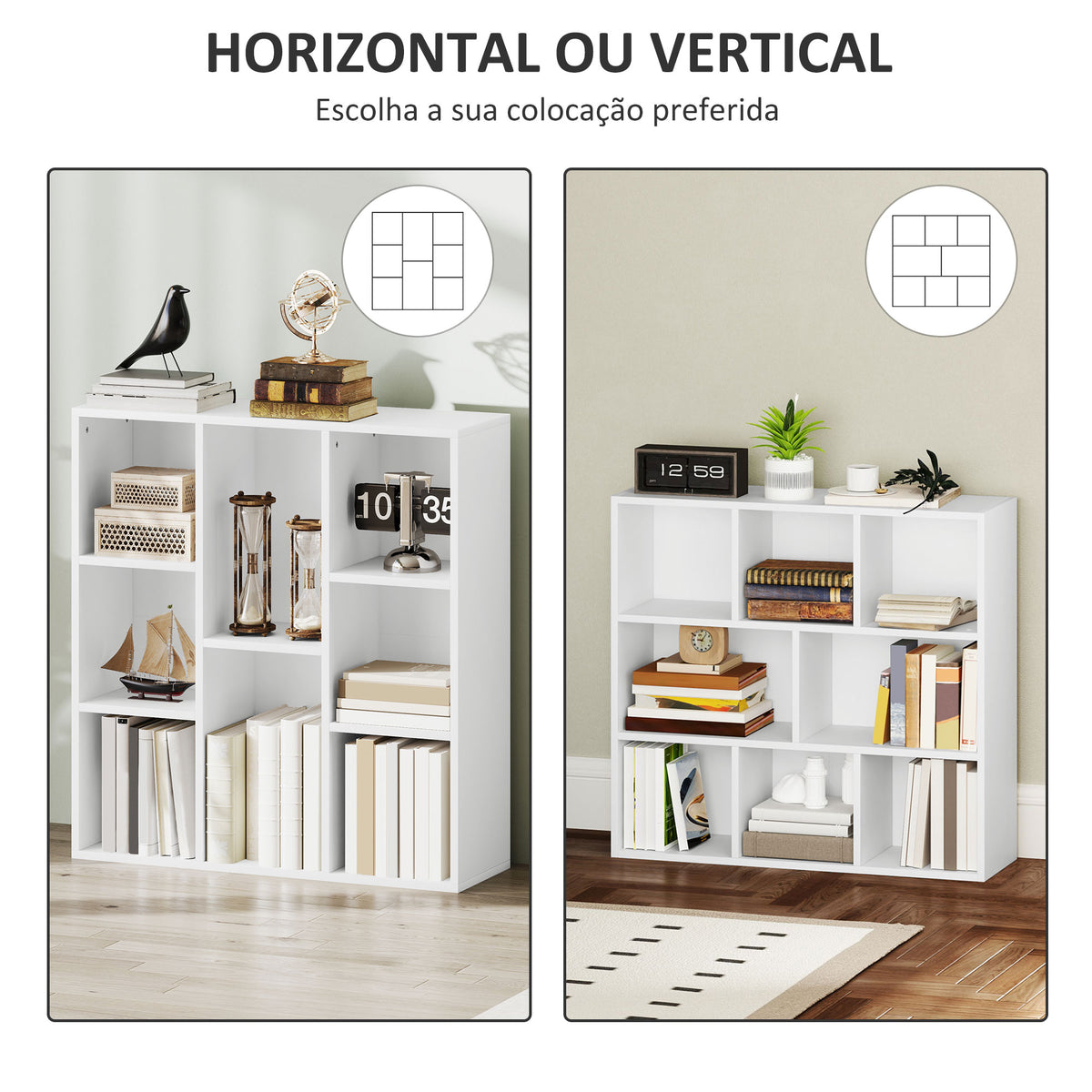 Estante de 3 Níveis Estante para Livros com 8 Compartimentos Desenho Vertical ou Horizontal para Sala de Estar Escritório Dormitório 74,3x24x80 cm Branco — foto 5