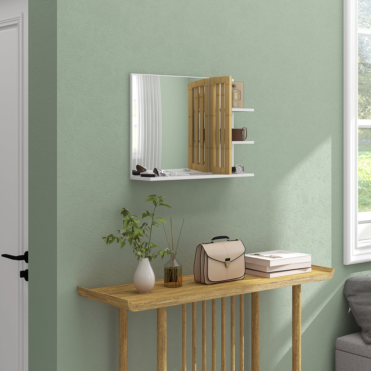 Espelho de Casa de Banho Espelho de Parede Moderno e Retangular com 4 Prateleiras de Armazenamento para Maquilhagem Vestuário 45x15x58,5 cm Branco — foto 7