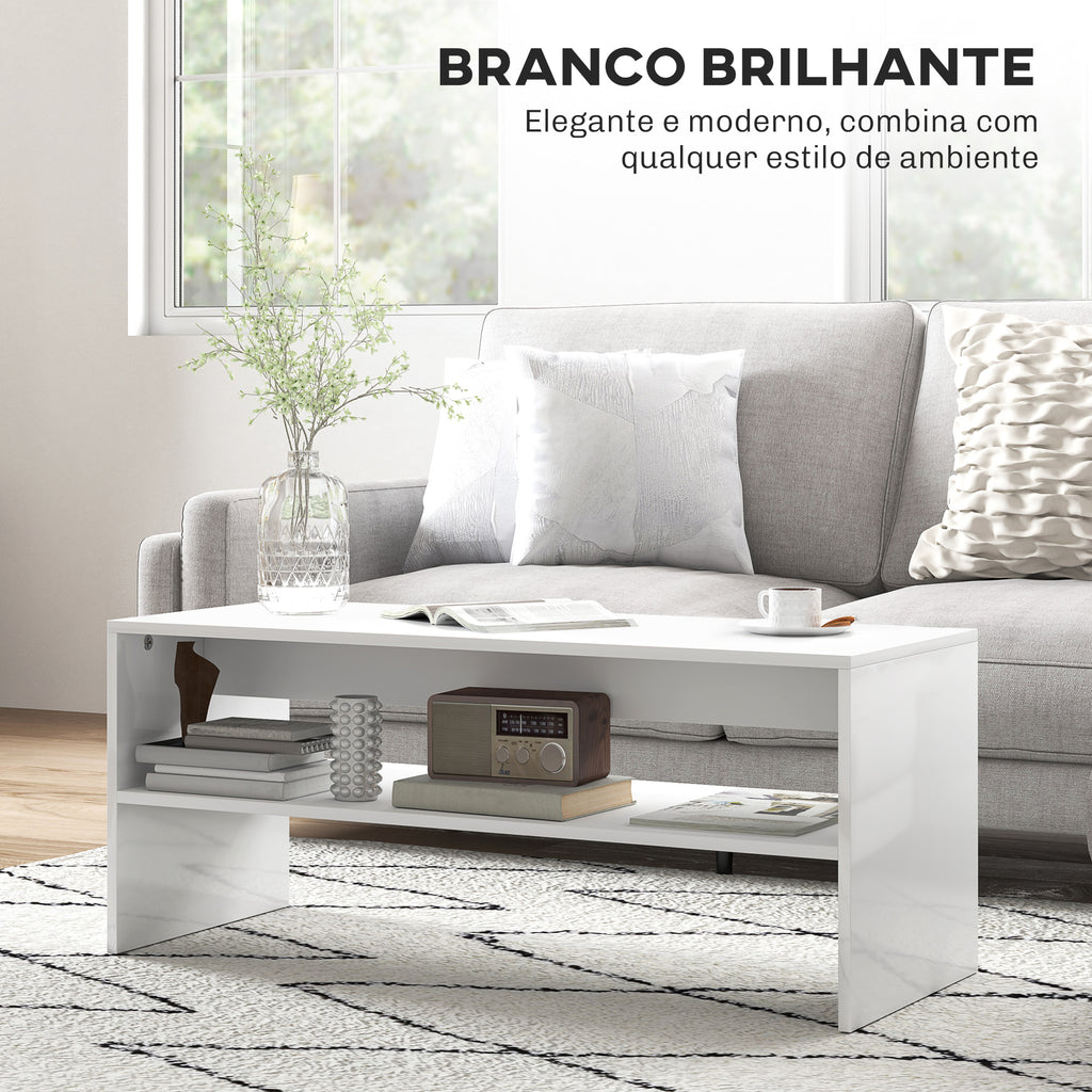 Mesa de Centro Mesa Auxiliar com Compartimento Aberto Mesa de Café para Sala de Estar 100x40x41,5 cm Branco Brilhante — foto 4