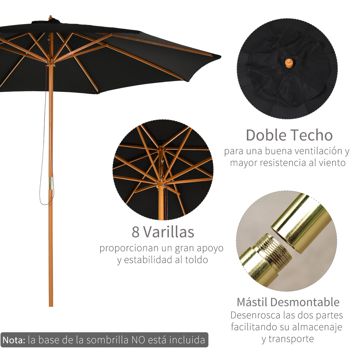 Chapéu de Sol de Jardim Ø300x250cm com Sistema de Polia Teto Ventilado e Mastro Desmontável de Madeira para Terraço Pátio Exterior Preto — foto 5