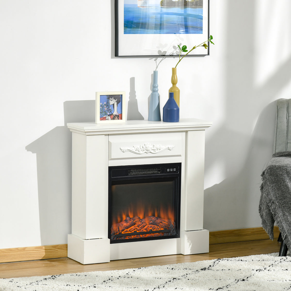 Lareira Elétrica 1800W Lareira Decorativa com Efeito de Chama Realista Controlo Remoto Temporizador Proteção contra Sobreaquecimento para Ambientes até 30 m² 80,7x22,5x76,5 cm Branco — foto 2