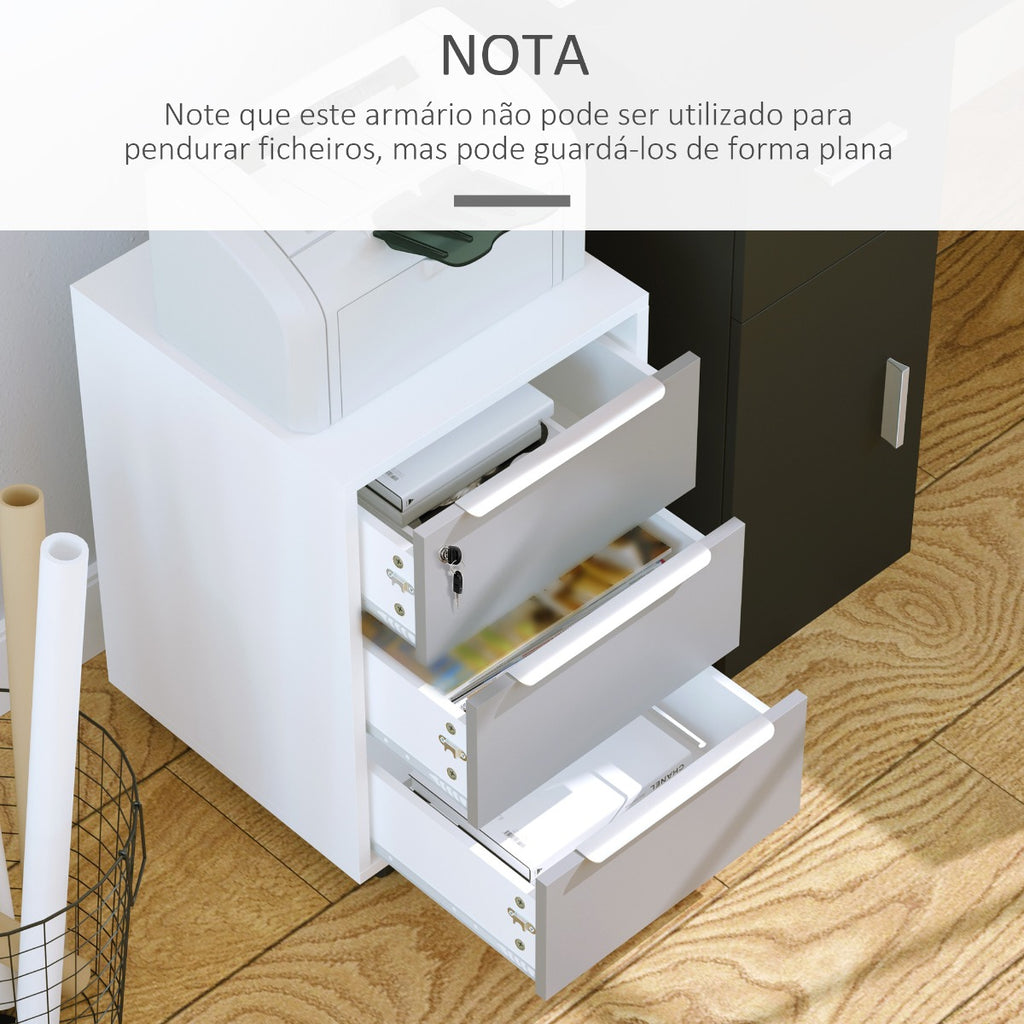 Bloco de Gavetas Móvel de Escritório com 3 Gavetas Fechadura Rodas e Travão para Documentos Arquivos 40x40x63,5 cm Branco e Cinza — foto 9
