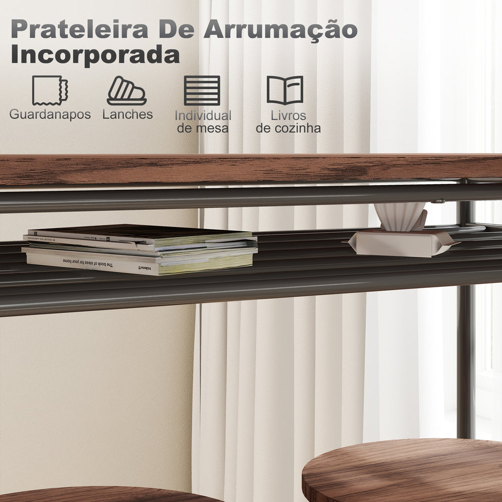 Conjunto de Mesa e Bancos de Bar Mesa Alta de Cozinha com 2 Bancos Industrial Prateleira Aberta Apoio para Pés Economia de Espaço para Espaços Reduzidos Sala de Estar Castanho — foto 5