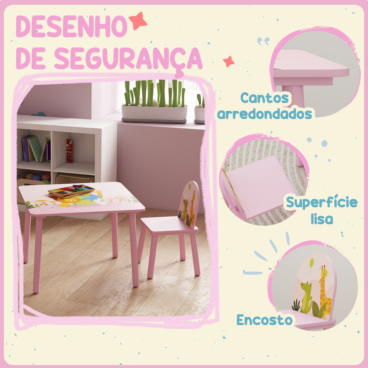Mesa Infantil com 2 Cadeiras Mesa e Cadeiras para Crianças com Estampados de Animais para Meninos e Meninas de 3-8 Anos para Casa Escola Infantil Rosa — foto 5