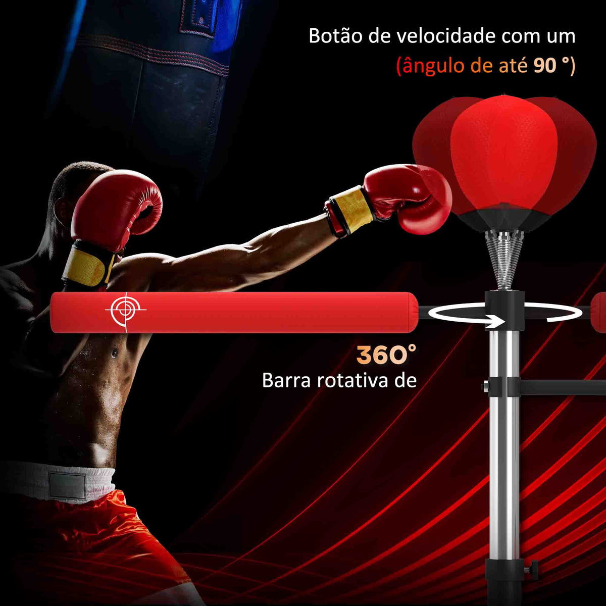 Punching Ball de Boxe com Altura Ajustável com 2 Bolas de Velocidade Barra Giratória 360° e Base Preenchida com Água ou Areia Punching Ball para Adultos 88x50x160-230 cm Vermelho e Preto — foto 4