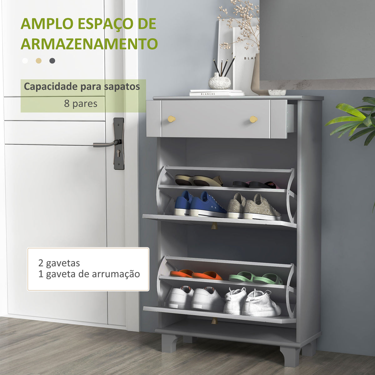 Sapateira Móvel Sapateira Estreita com 2 Portas e 1 Gaveta para 8 Pares de Sapatos para Entrada Corredor 60x23,5x98,5 cm Cinzento — foto 4