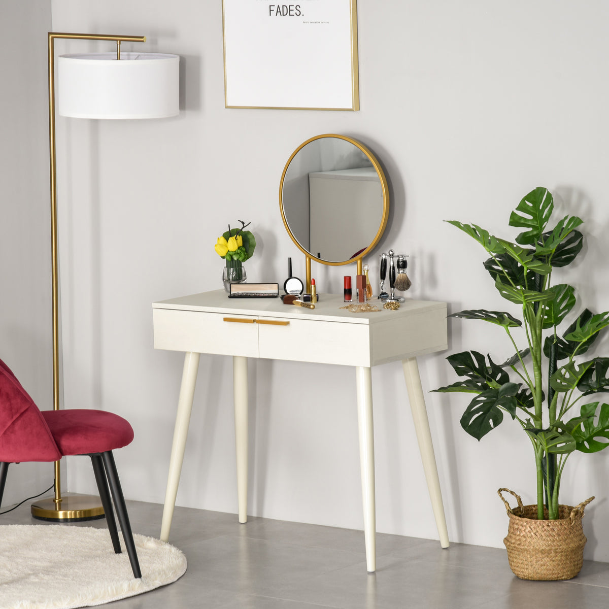 Toucador com Espelho Redondo Mesa de Maquilhagem com 2 Gavetas Estilo Moderno para Dormitório 80x40x123cm Branco — foto 2