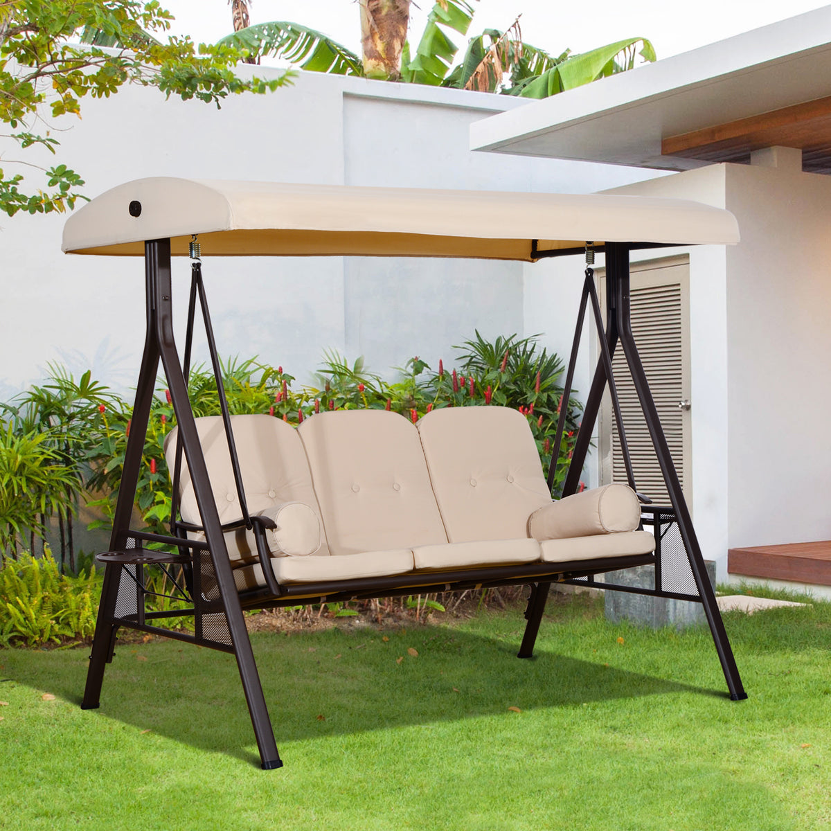 Banco Baloiço de Jardim de 3 Lugares com Teto 2 Almofadas Suporte para Bebidas e Estrutura de Metal para Terraço Balcão Exterior Carga Máxima 360kg 207x120,5x174cm Bege — foto 2