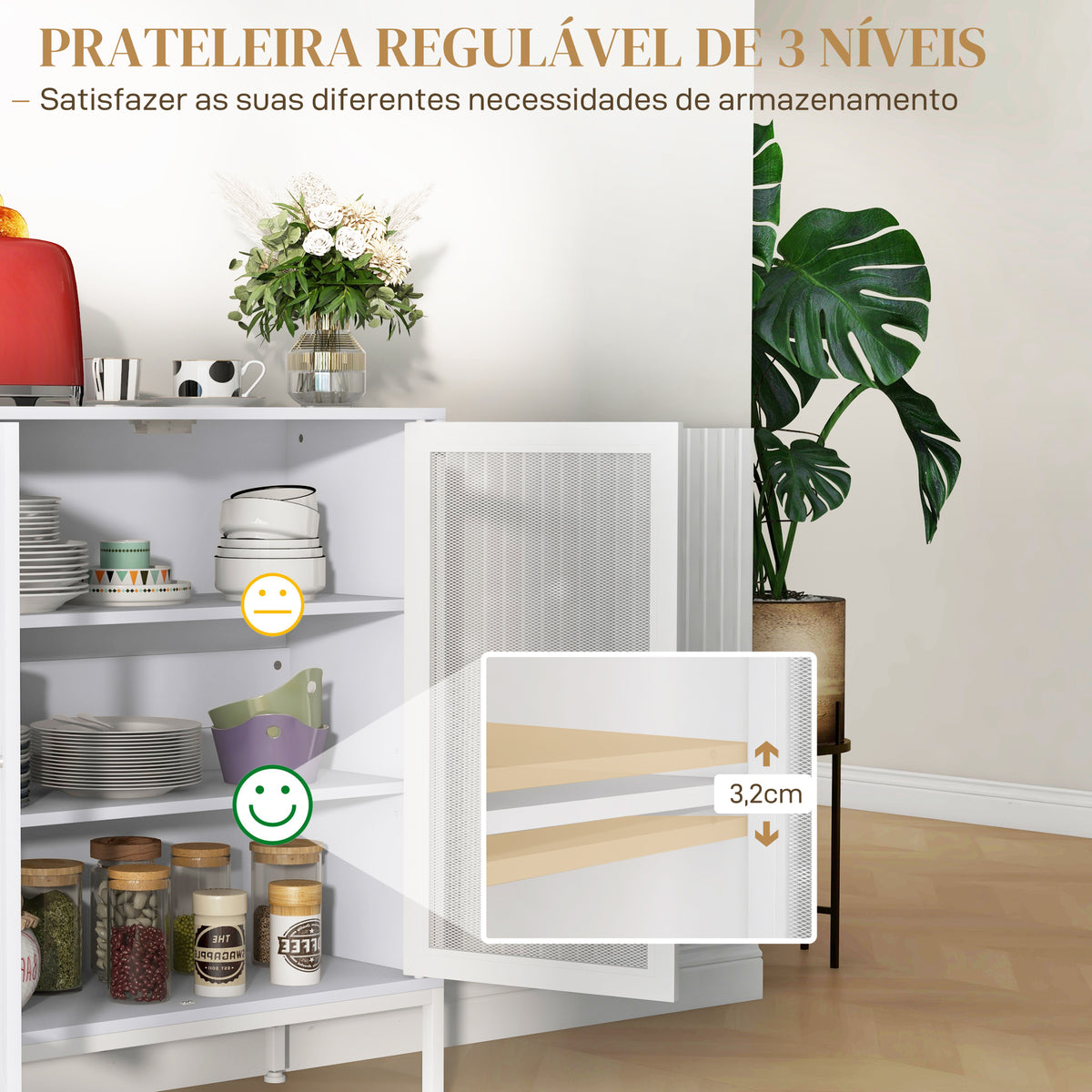 Aparador de 3 Níveis Móvel Auxiliar com Portas de Malha e Prateleira Ajustável Aparador de Cozinha Moderno para Sala 80x37x92 cm Branco — foto 5
