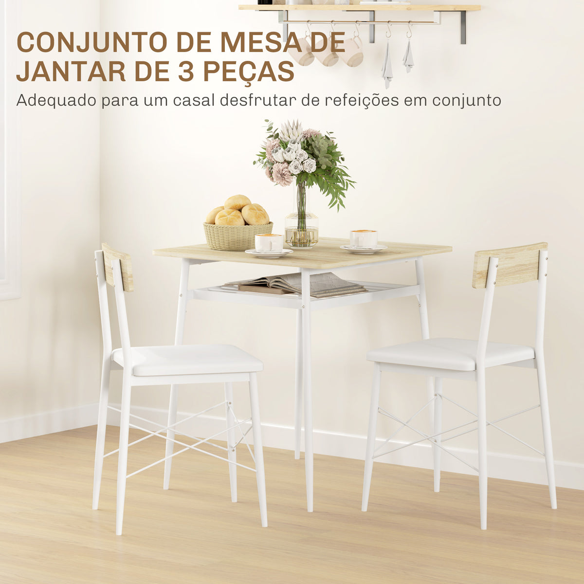 Conjunto de Refeição de 3 Peças Conjunto 1 Mesa de Cozinha 70x70x75 cm e 2 Cadeiras 40x50x80 cm com Prateleira de Armazenamento e Estrutura de Aço Branco e Madeira — foto 4