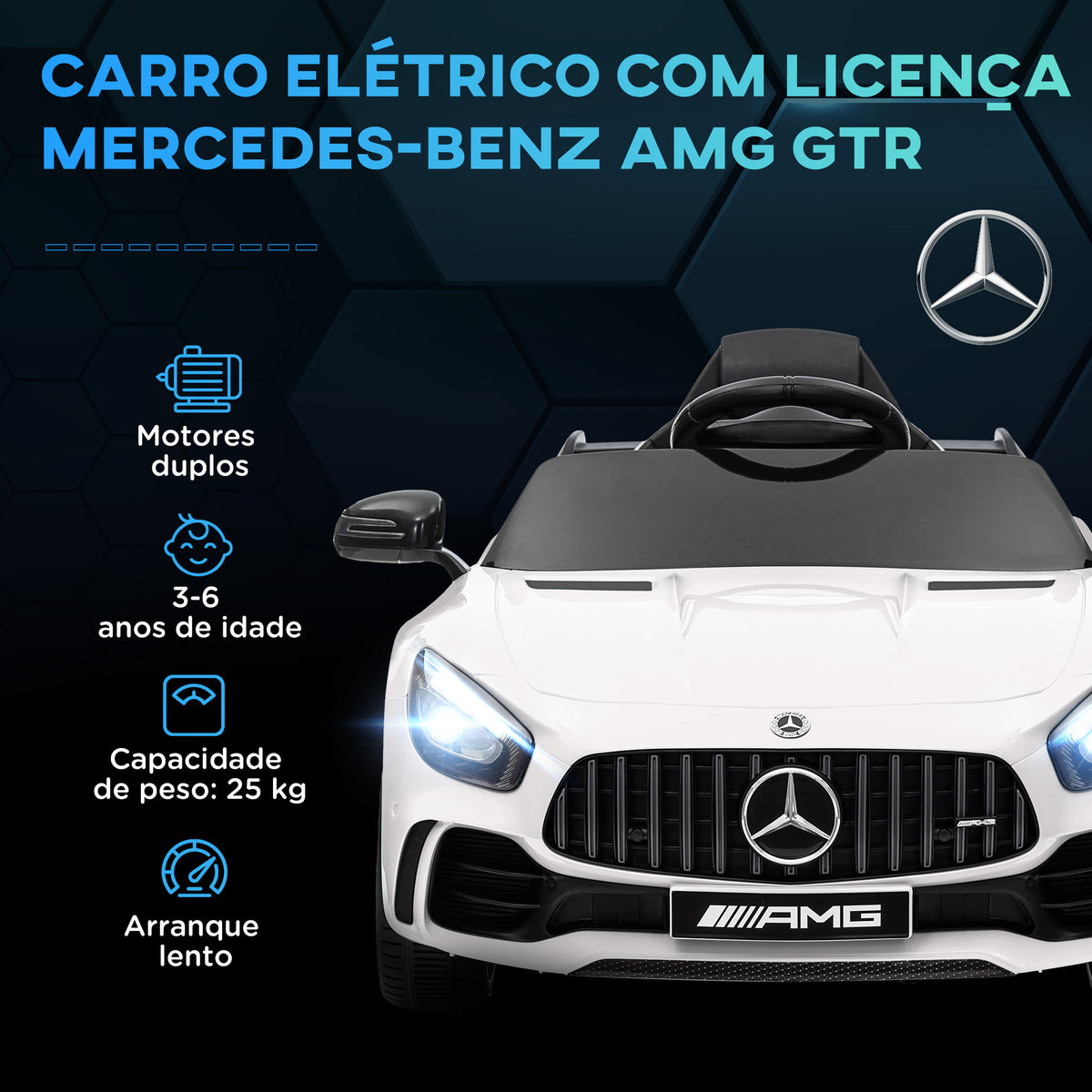 Carro Elétrico para Crianças acima de 3 Anos Carro Mercedes-Benz AMG GTR Carro Elétrico Infantil com Bateria 12V Controlo Remoto Faróis Buzina e Música 108x67x46 cm Branco — foto 4