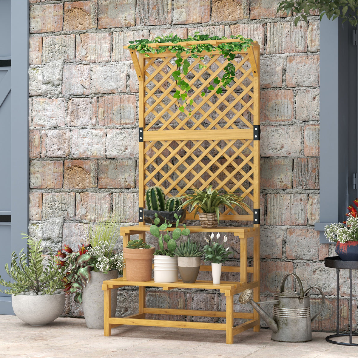 Suporte para Plantas de Madeira com Treliça Suporte para Vasos de 2 Níveis para Jardim Pátio Terraço Varanda 75x50x166 cm Natural — foto 2