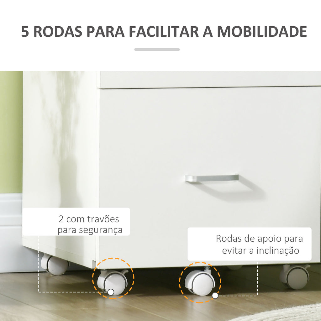 Bloco de Gavetas de Escritório Móvel Auxiliar para Arquivos com 2 Gavetas Fechadura 2 Chaves 5 Rodas e 2 Freios para Estúdio Escritório Dormitório 43x45x72cm Branco — foto 6