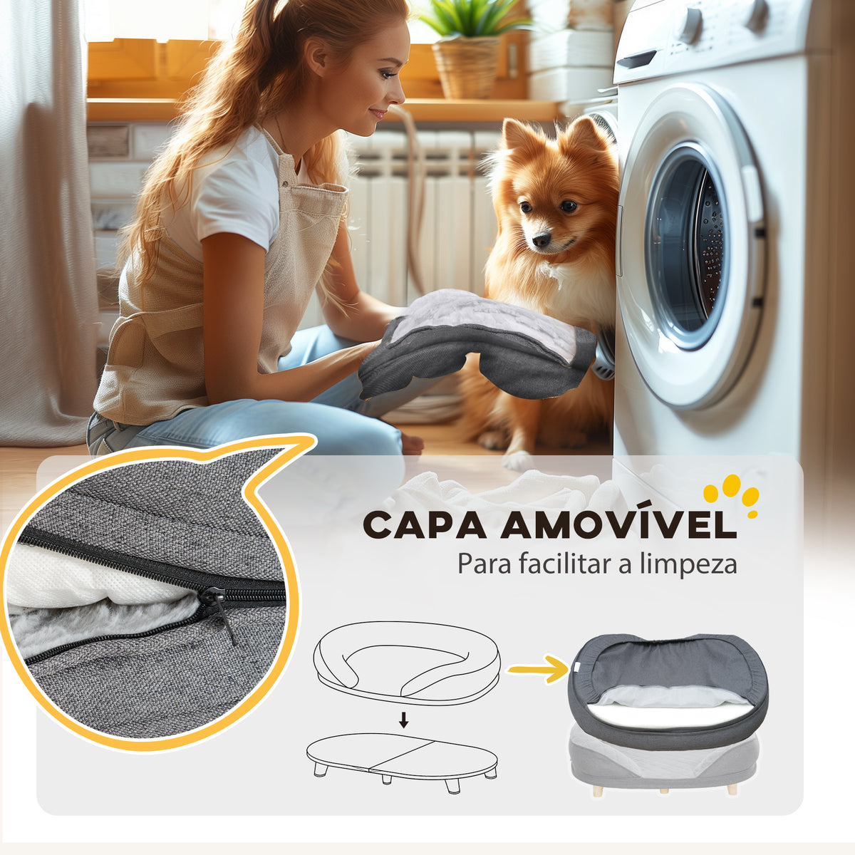 Sofá para Cães Médios e Grandes Sofá para Animais de Estimação com Pate Superior Amovível Capa Lavável e Pés de Madeira Carga 25 kg 90x78x25 cm Cinza — foto 5