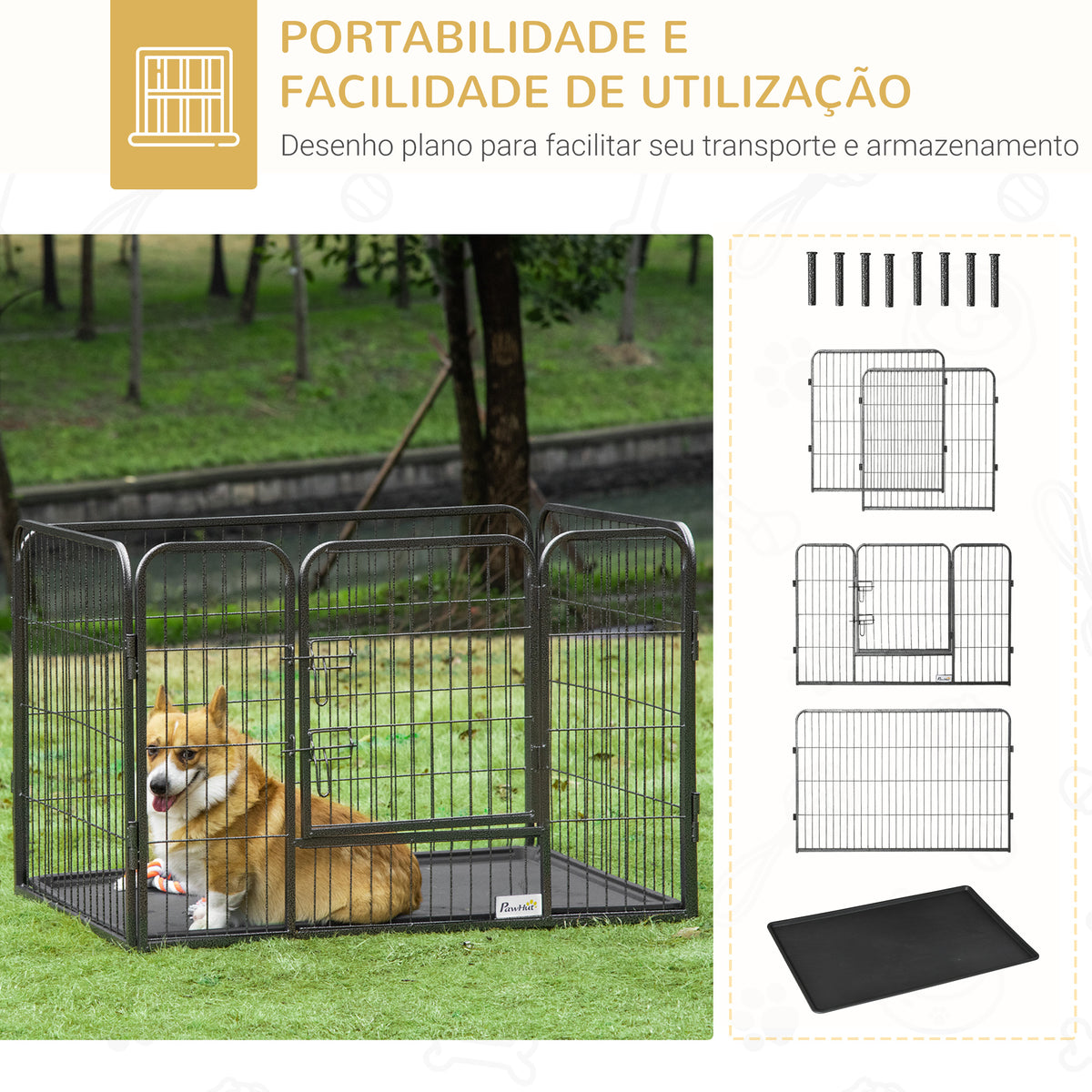 Barreira de Segurança para Animais de Estimação Parque de Diversão para Animais com 4 Painéis de Aço 109x74x71cm com Porta de Trava Dupla e Bandeja Removível para Exterior Interior Cinza — foto 5