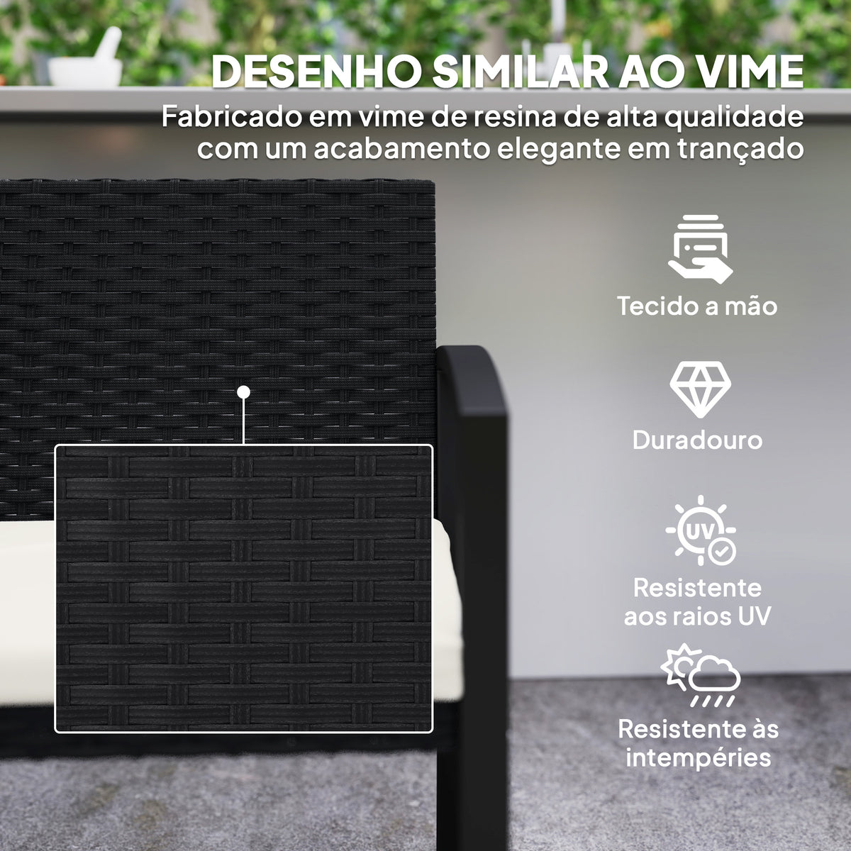 Banco de Jardim em Vime Sintético de 2 Lugares Banco de Exterior com Almofada Apoio para os Braços Carga 240 kg para Varanda Pátio 103x58x78 cm Preto e Bege — foto 5