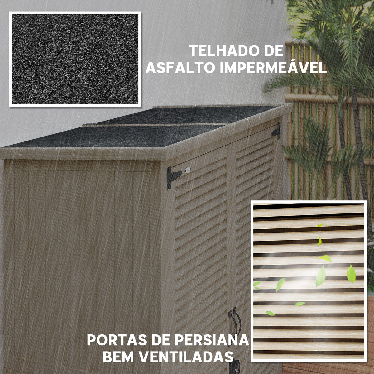 Armário de Jardim de Madeira 0,83 m² 127x65x168 cm Armário Exterior de Madeira com 2 Portas de Persiana 2 Prateleiras 2 Alças e Telhado Impermeável Natural — foto 5