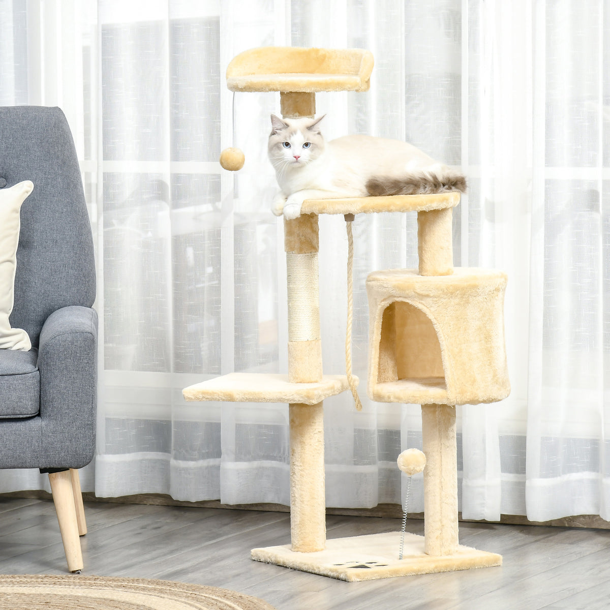 Arranhador para Gatos Grande Arranhador para Gatos com Plataformas Caverna Cama e Bolas Suspensa 40x40x114 cm Bege — foto 2