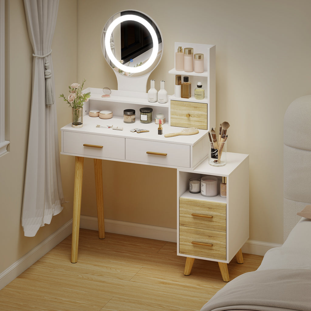 Toucador com Espelho e Luzes LED Ajustáveis Mesa de Maquilhagem Moderna com 5 Gavetas 4 Compartimentos e 1 Prateleira 100x44x137 cm Branco e Madeira — foto 7